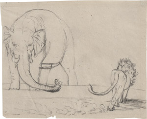 Lot 6678, Auction  114, Menzel, Adolph von, Ein Löwe umschleicht einen Elefanten