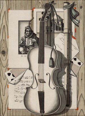 Lot 6721, Auction  114, Duschek, Géza, Trompe-l'œil mit Geige, Querflöte, Notenblättern, Spielkarten und Zeichnungen