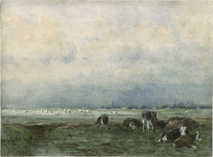 Lot 6724, Auction  114, Mauve, Anton, Holländische Polderlandschaft mit Kühen, am Horizont eine Stadt