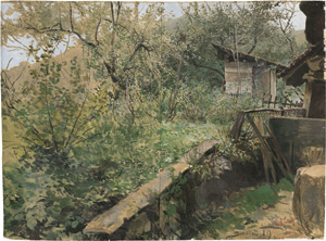 Lot 6744, Auction  114, Deutsch, 1889. Blick in eine verwilderte Gartenlaube