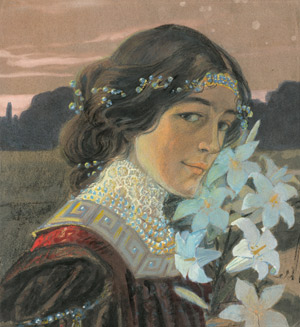 Lot 6816, Auction  114, Französisch, um 1900. Lächelndes Mädchen im Belle-Epoque Kleid mit weißen Lilien