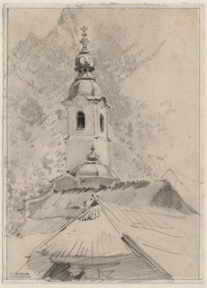 Lot 6831, Auction  114, Pettenkofen, August Xaver Karl Ritter von, Dach und Turm einer Barockkirche vor Alpenhintergrund