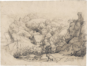 Lot 6836, Auction  114, Venus, August Leopold, Eine Landschaft in der Sächsischen Schweiz, vorne ein Wanderer mit Hund