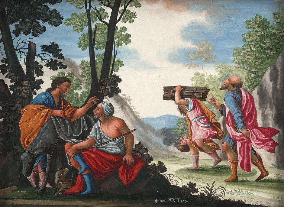 Lot 1015, Auction  115, Abraham mit Isaak, Auf dem Weg zum Brandopfer. Miniaturmalerei in Gouachefarben auf Karton