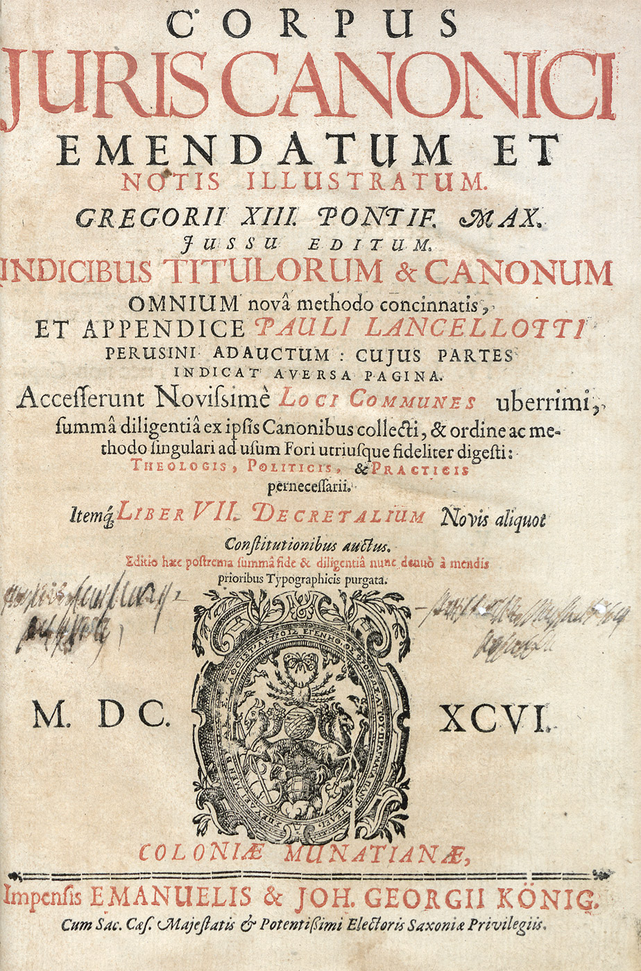 Lot 1262, Auction  115, Corpus juris canonici, emendatum et notis illustratum. Gregorii XIII. Pontif. Max. 