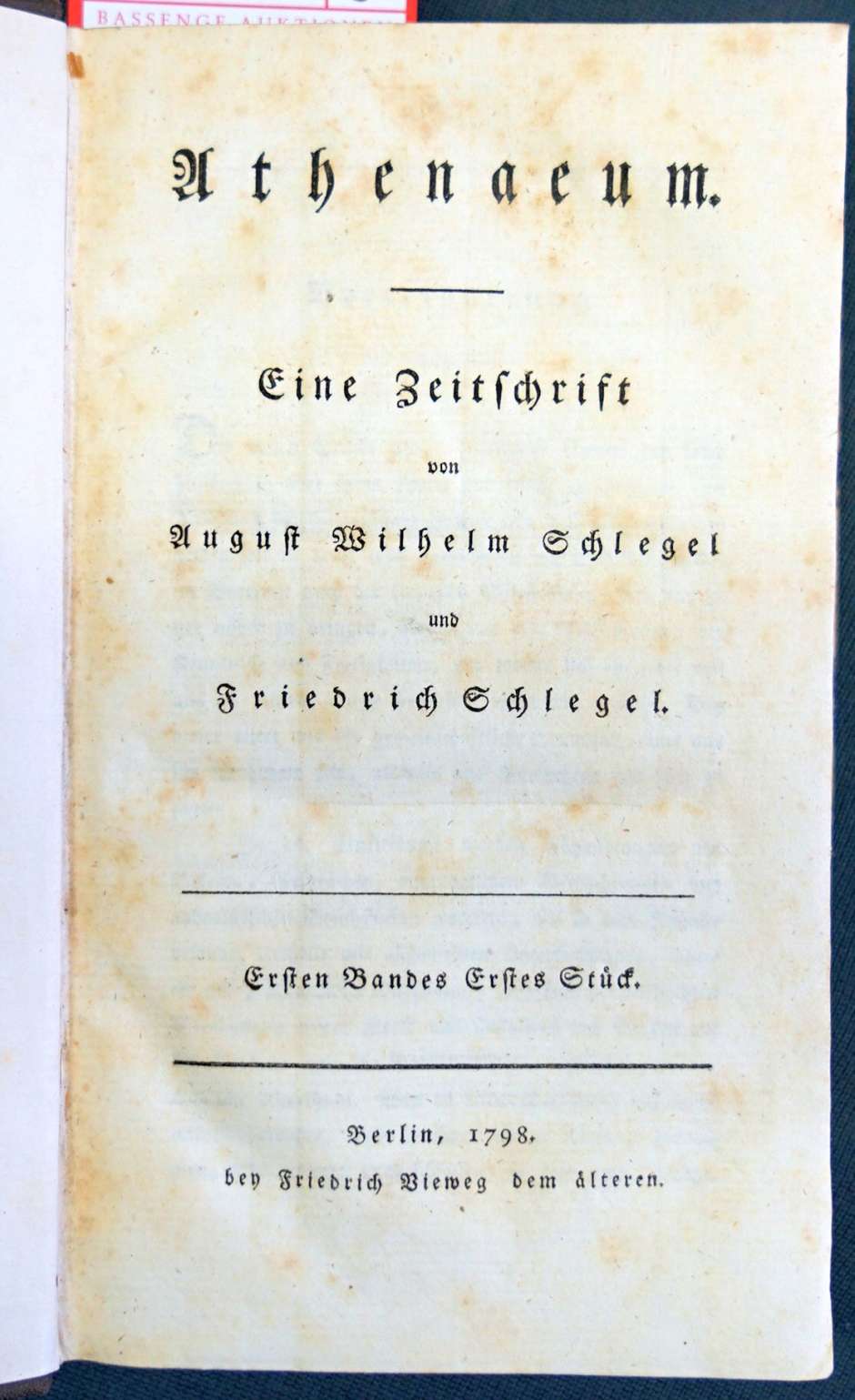 Lot 2005, Auction  115, Athenaeum, Eine Zeitschrift von August Wilhelm Schlegel und Friedrich Schlegel