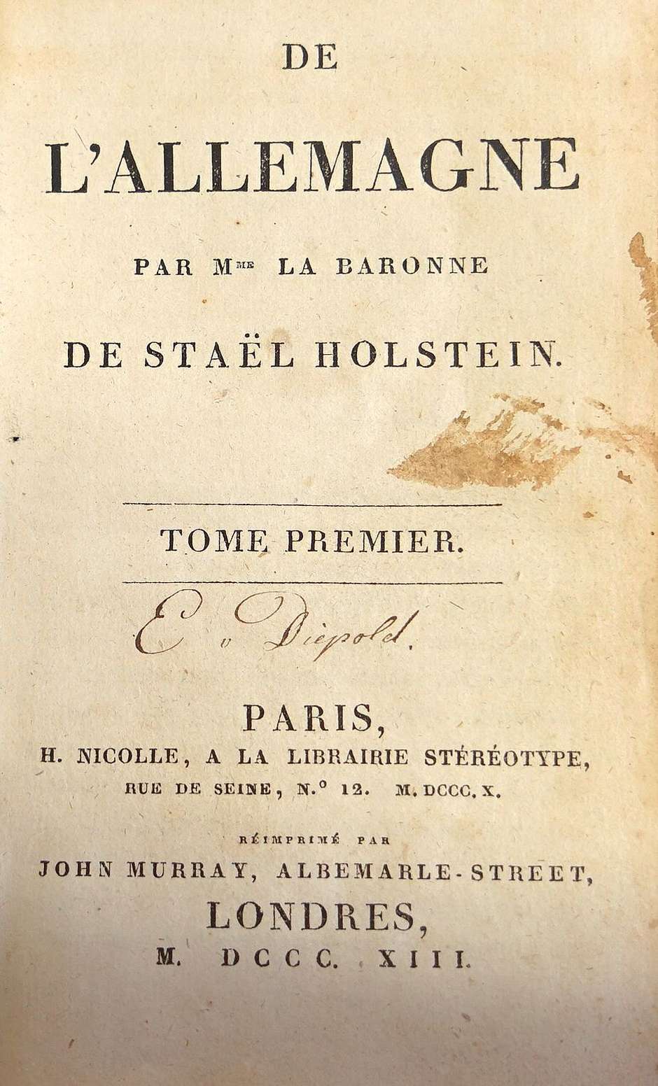 Lot 2167, Auction  115, Stael-Holstein, Anne-Louise-Germaine, De l'Allemagne. Eigentliche Erstausgabe 