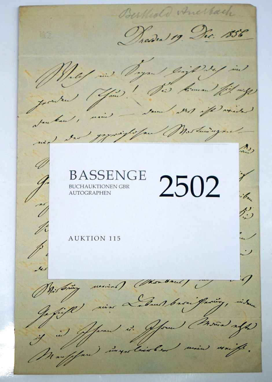 Lot 2502, Auction  115, Auerbach, Berthold, Brief 1856