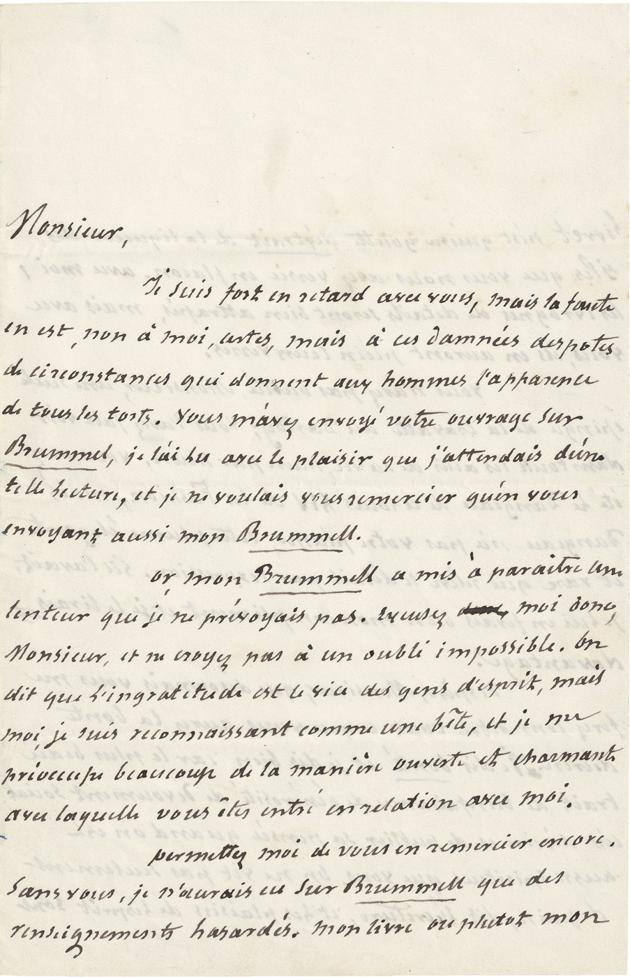 Lot 2503, Auction  115, Barbey d'Aurevilly, Jules, Brief 1845 über den Dandy Beau Brummell