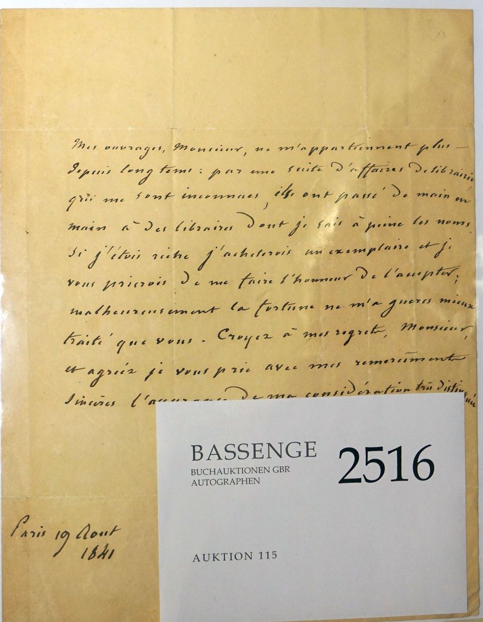 Lot 2516, Auction  115, Chateaubriand, François René Vicomte de, Brief 1841