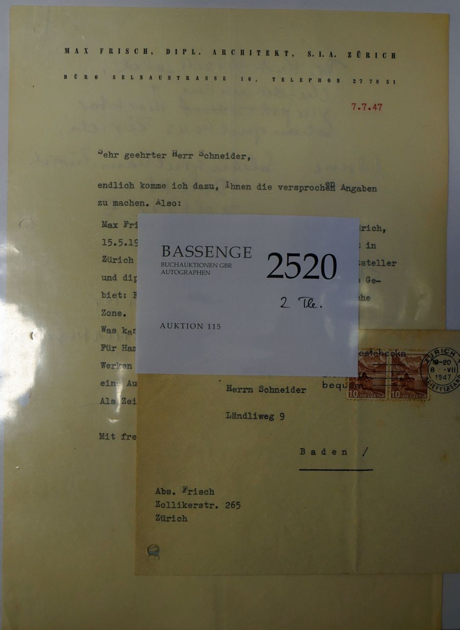 Lot 2520, Auction  115, Frisch, Max, Brief Juli 1947