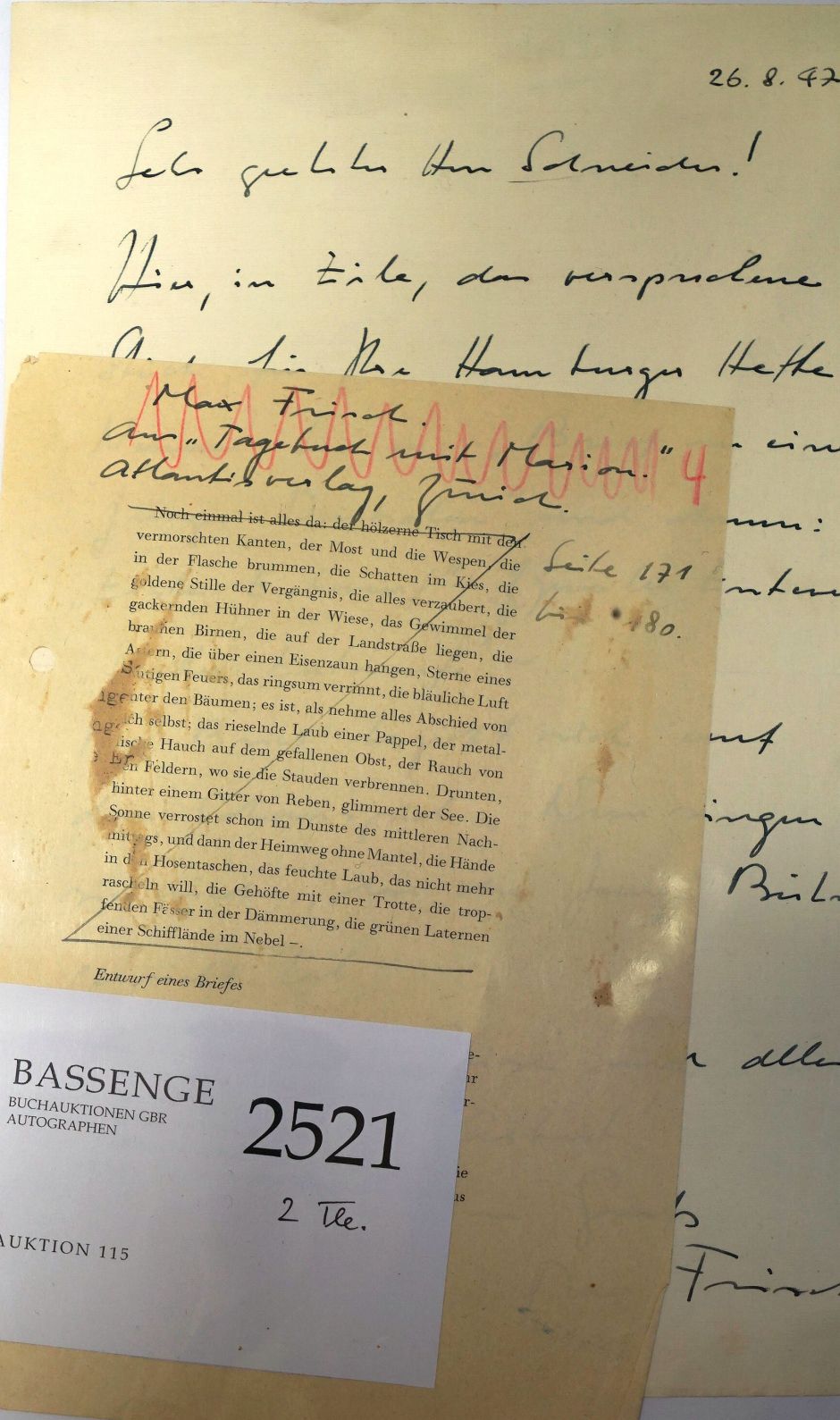 Lot 2521, Auction  115, Frisch, Max, Brief August 1947
