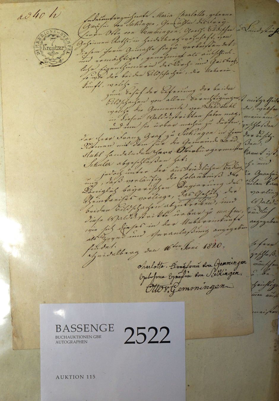 Lot 2522, Auction  115, Gemmingen, Otto von, Brief 1820
