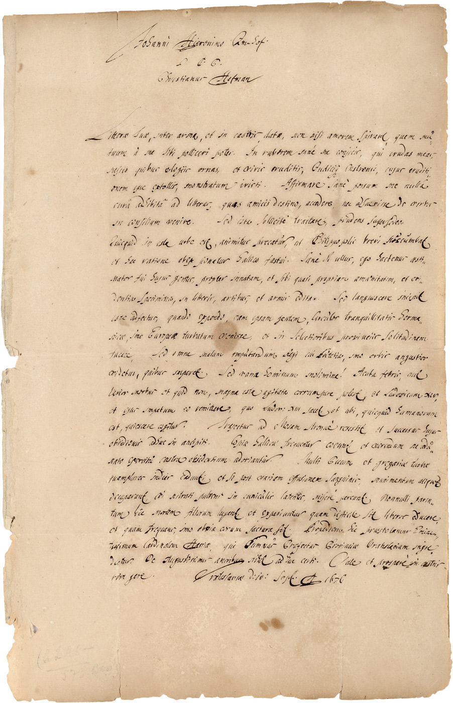 Lot 2540, Auction  115, Hofmann von Hofmannswaldau, Christian, Brief 1676 an J. H. Imhof