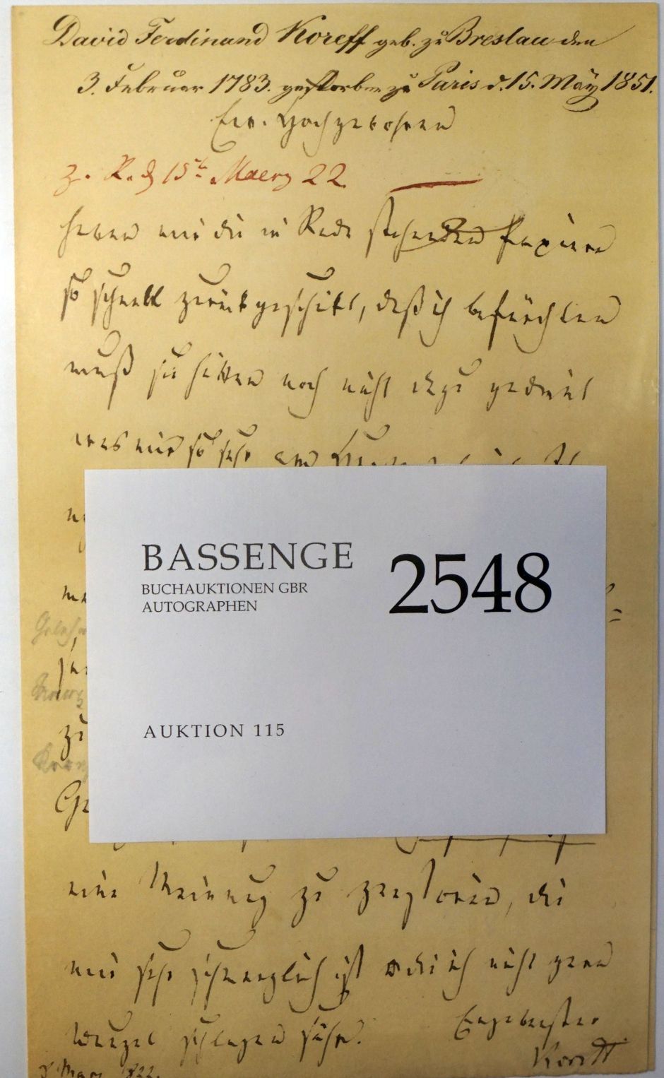 Lot 2548, Auction  115, Koreff, David Ferdinand, Brief 1822