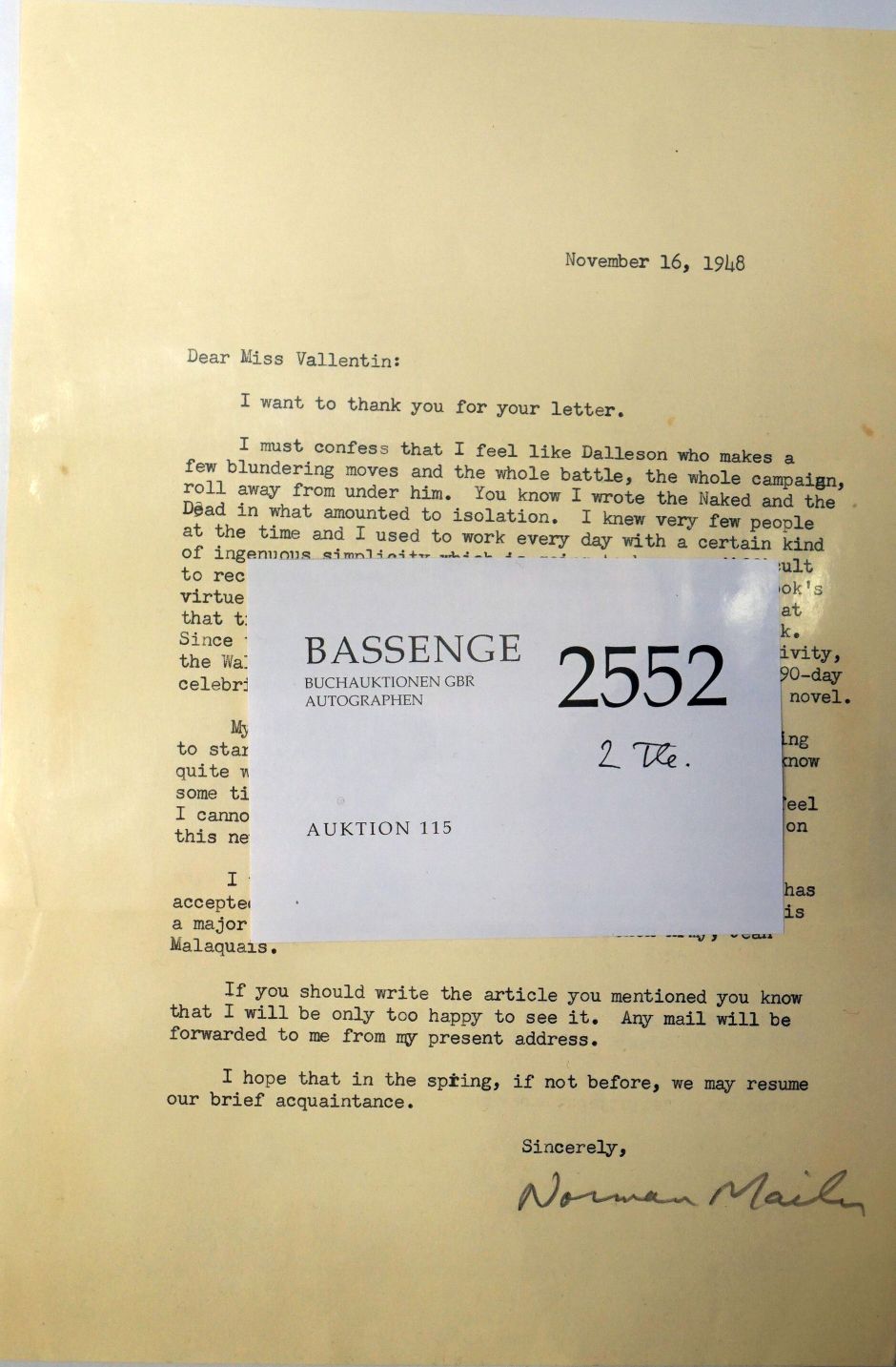 Lot 2552, Auction  115, Mailer, Norman, Brief 1948 an Antonina Vallentin