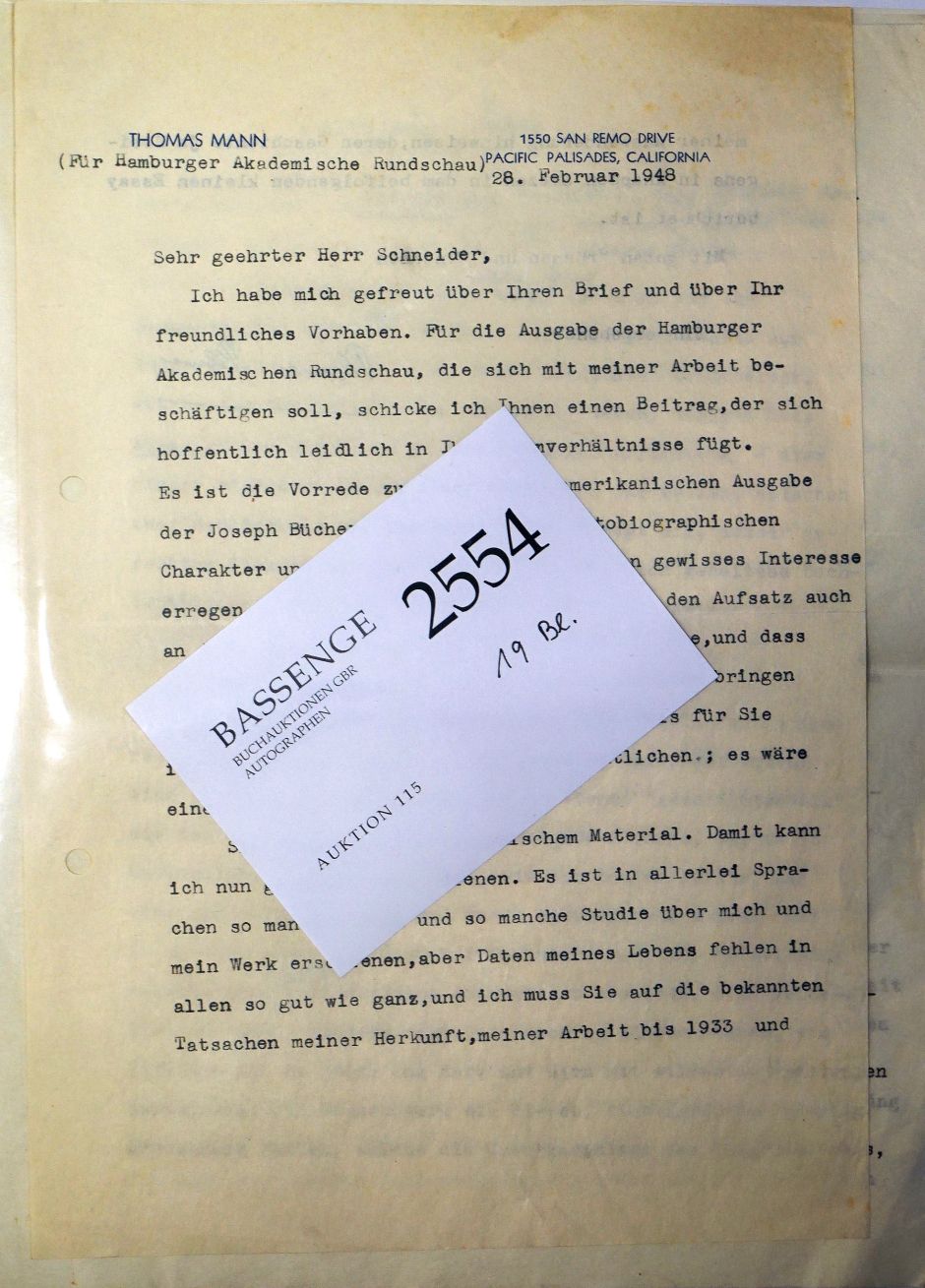 Lot 2554, Auction  115, Mann, Thomas, Signiertes Typoskript und Brief 1948