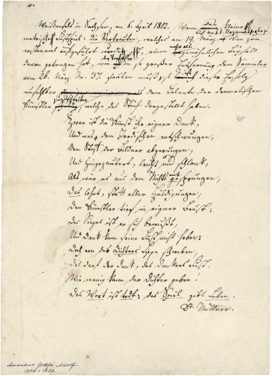Lot 2557, Auction  115, Müllner, Adolf, Signiertes Manuskript mit integriertem Gedicht