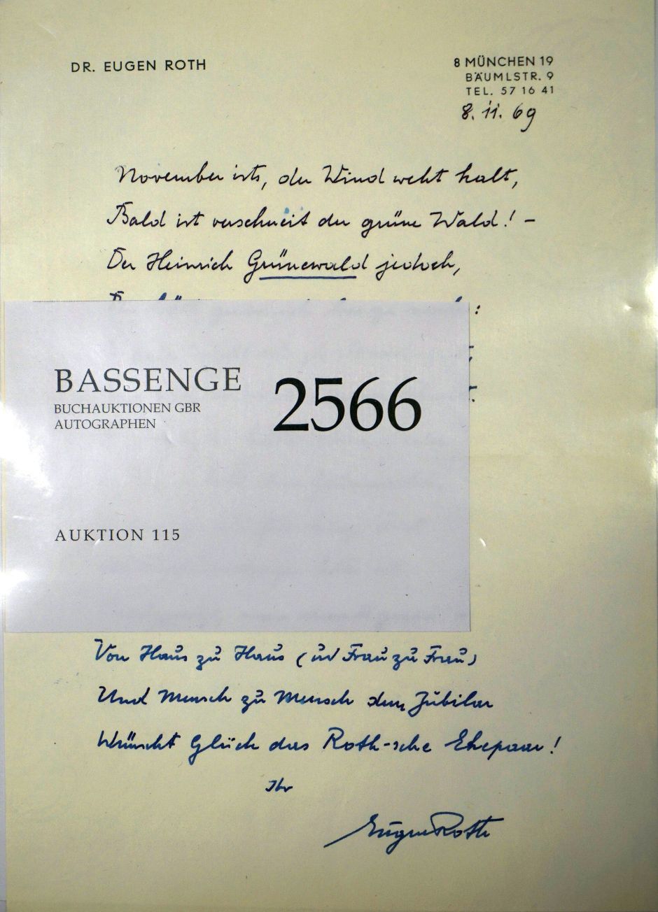Lot 2566, Auction  115, Roth, Eugen, Signiertes Gedichtmanuskript