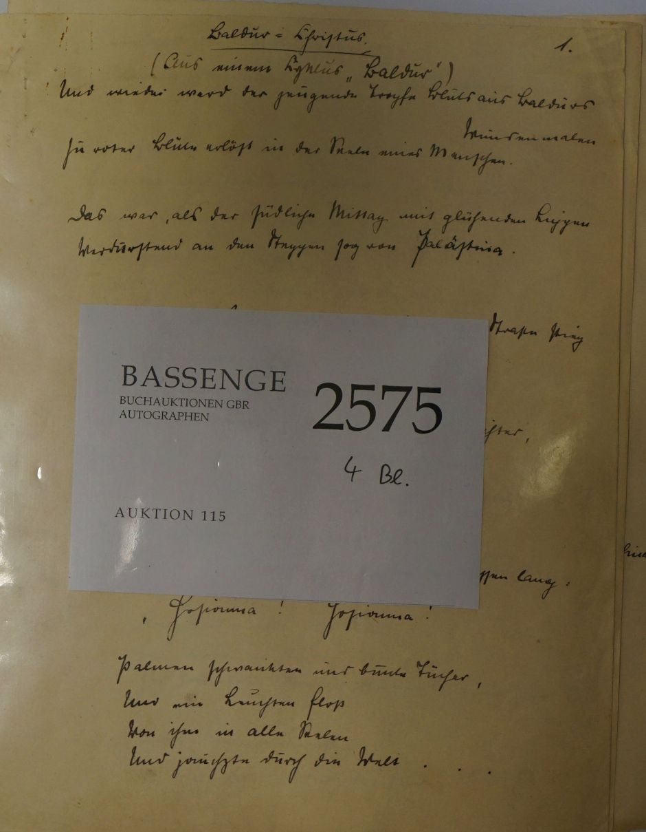 Lot 2575, Auction  115, Stadler, Ernst, Signiertes Gedichtmanuskript "Baldur-Christus"