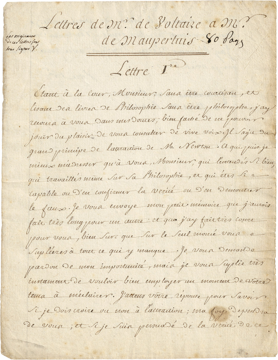 Lot 2590, Auction  115, Voltaire, Francois Marie Arouet, gen., Zeitgenöss. Konvolut Brief-Abschriften an Maupertuis