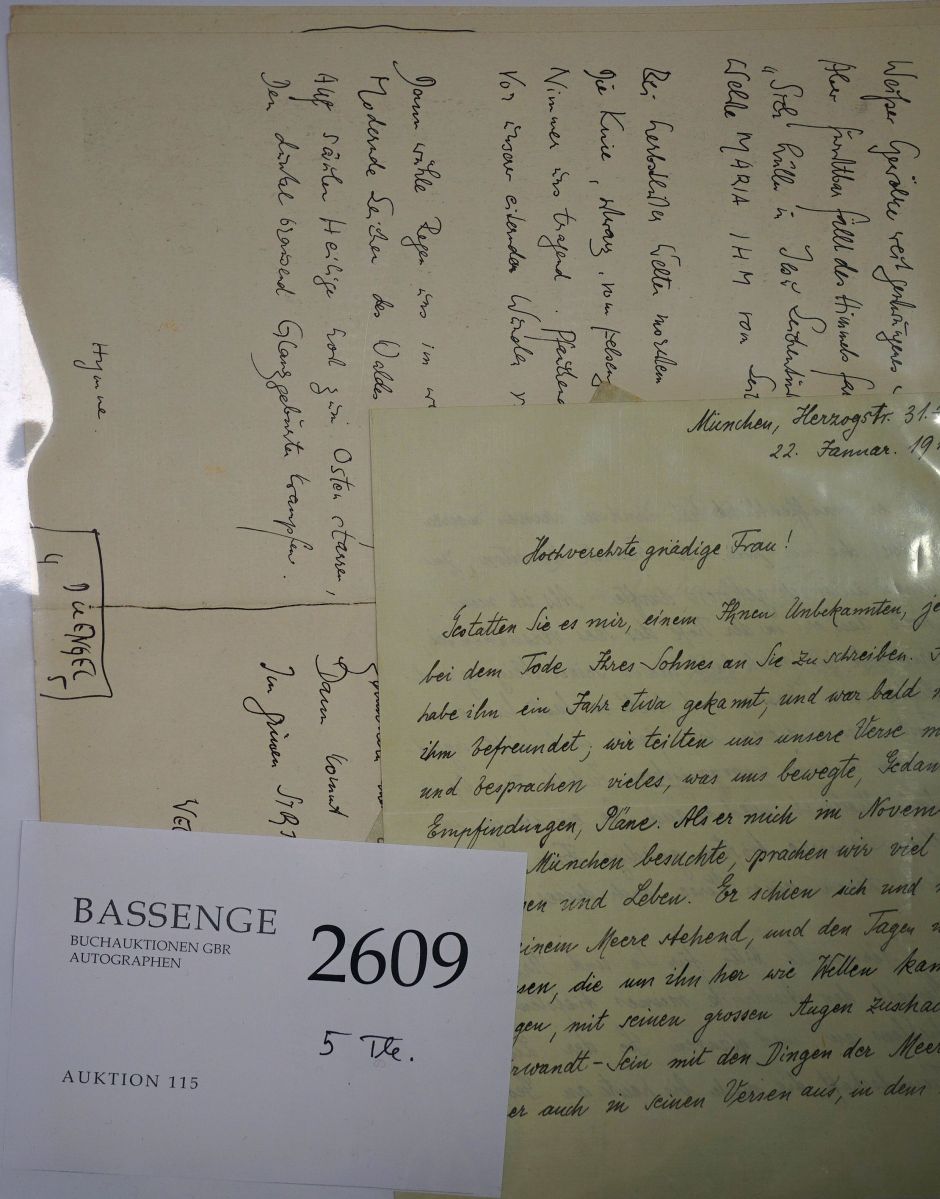 Lot 2609, Auction  115, Jentzsch, Robert, Brief an Georg Heyms Mutter + Beilgen