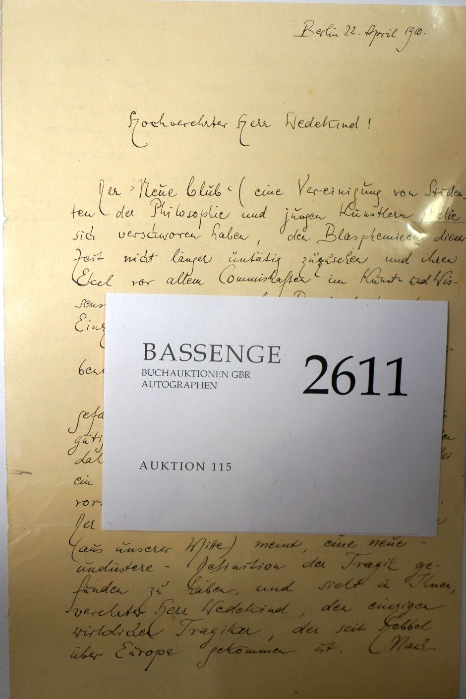 Lot 2611, Auction  115, Loewenson, Erwin, Brief an Frank Wedekind