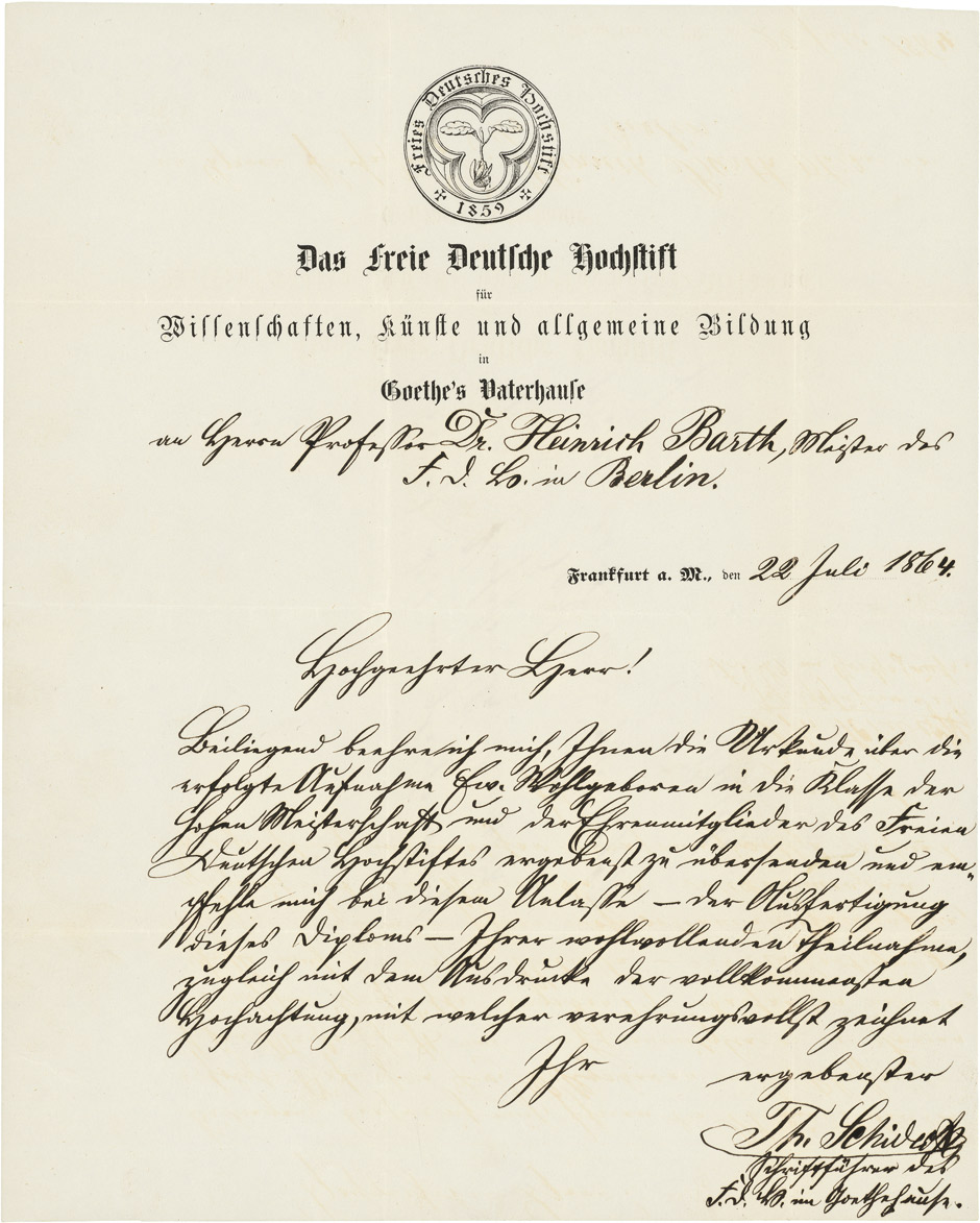 Lot 2626, Auction  115, Freies Deutsches Hochstift, Brief an Heinrich Barth