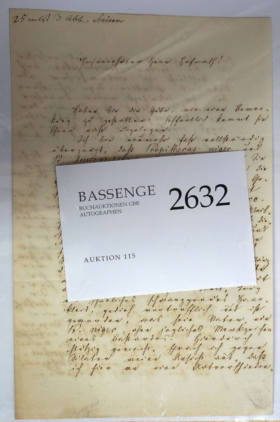 Lot 2632, Auction  115, Brehm, Alfred Edmund, Brief 1865 an Ludwig Reichenbach