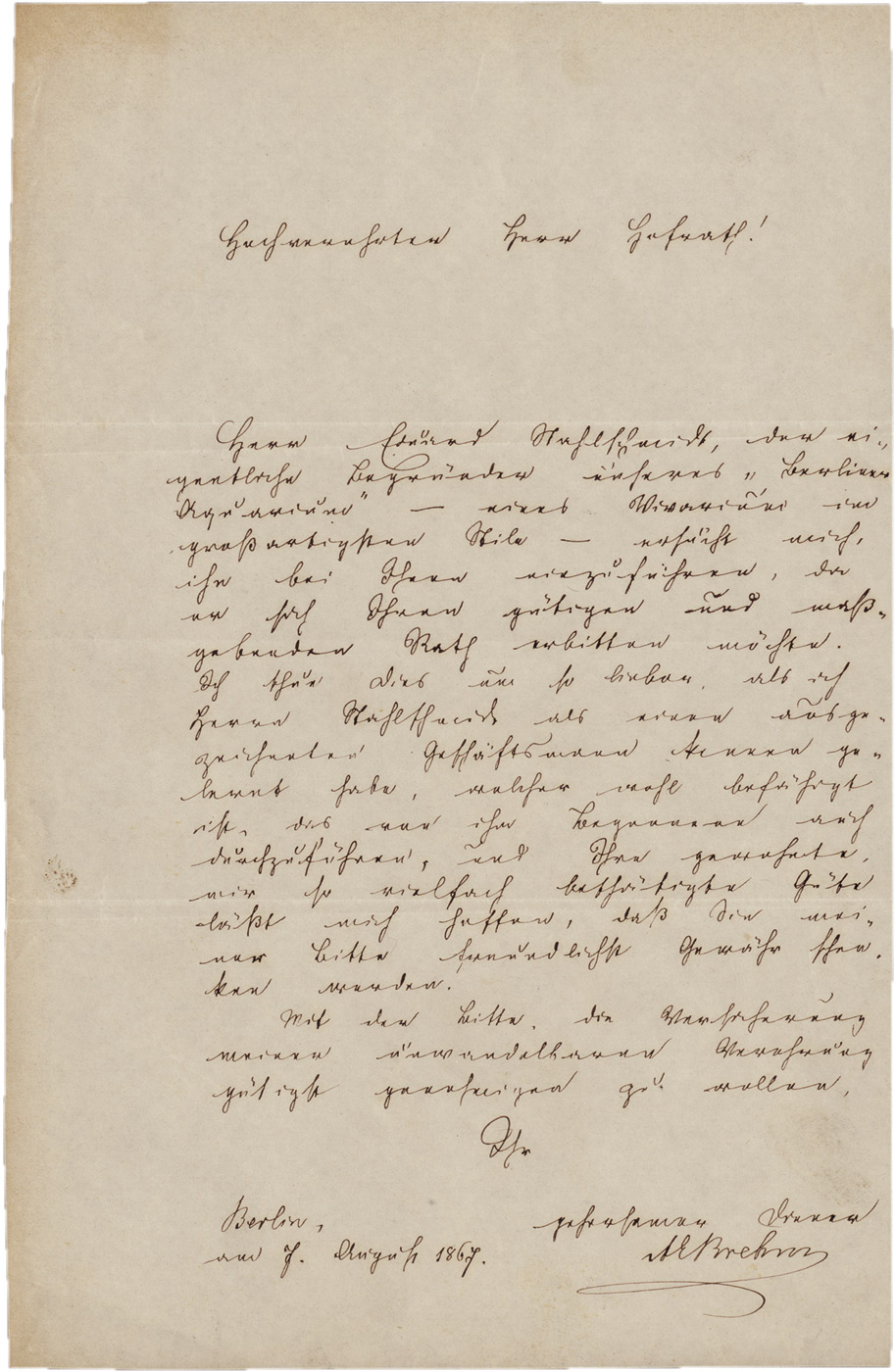 Lot 2633, Auction  115, Brehm, Alfred Edmund, Brief 1867 an Reichenbach