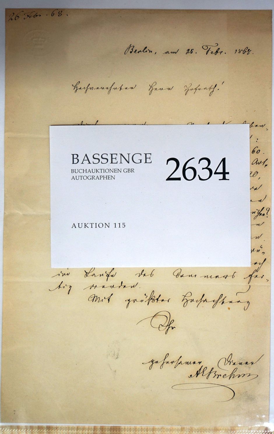 Lot 2634, Auction  115, Brehm, Alfred Edmund, Brief 1868 an Reichenbach