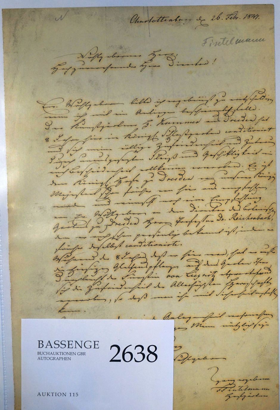 Lot 2638, Auction  115, Fintelmann, Ferdinand, Brief 1847 an Peter Lenné