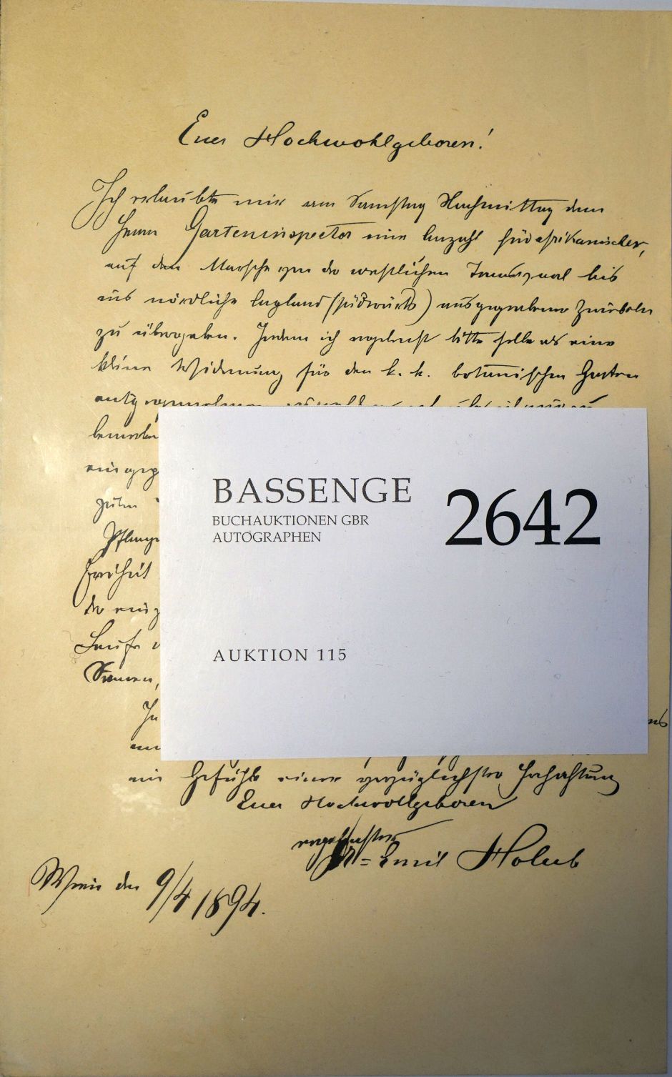 Lot 2642, Auction  115, Holub, Emil, Brief 1894
