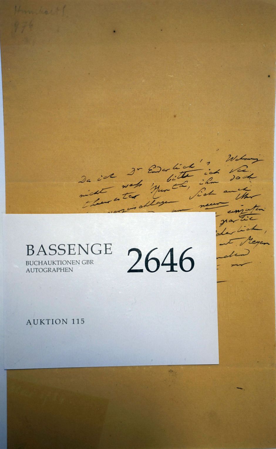 Lot 2646, Auction  115, Humboldt, Alexander von, Brief an Karl Sigismund Kunth