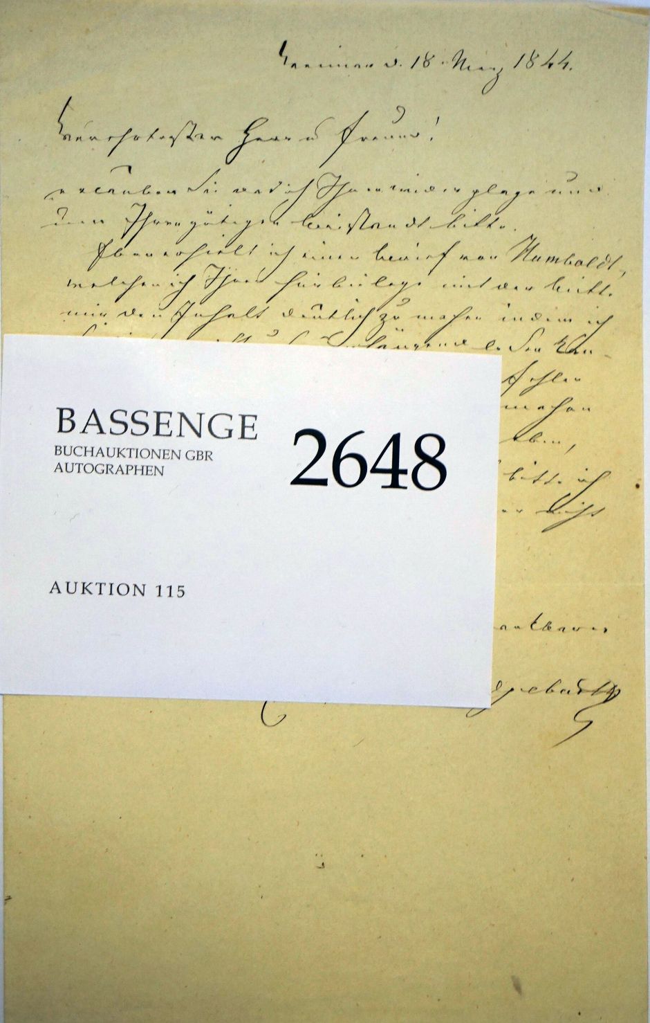 Lot 2648, Auction  115, Schwerdgeburth, Carl August, Brief Weimar 1844