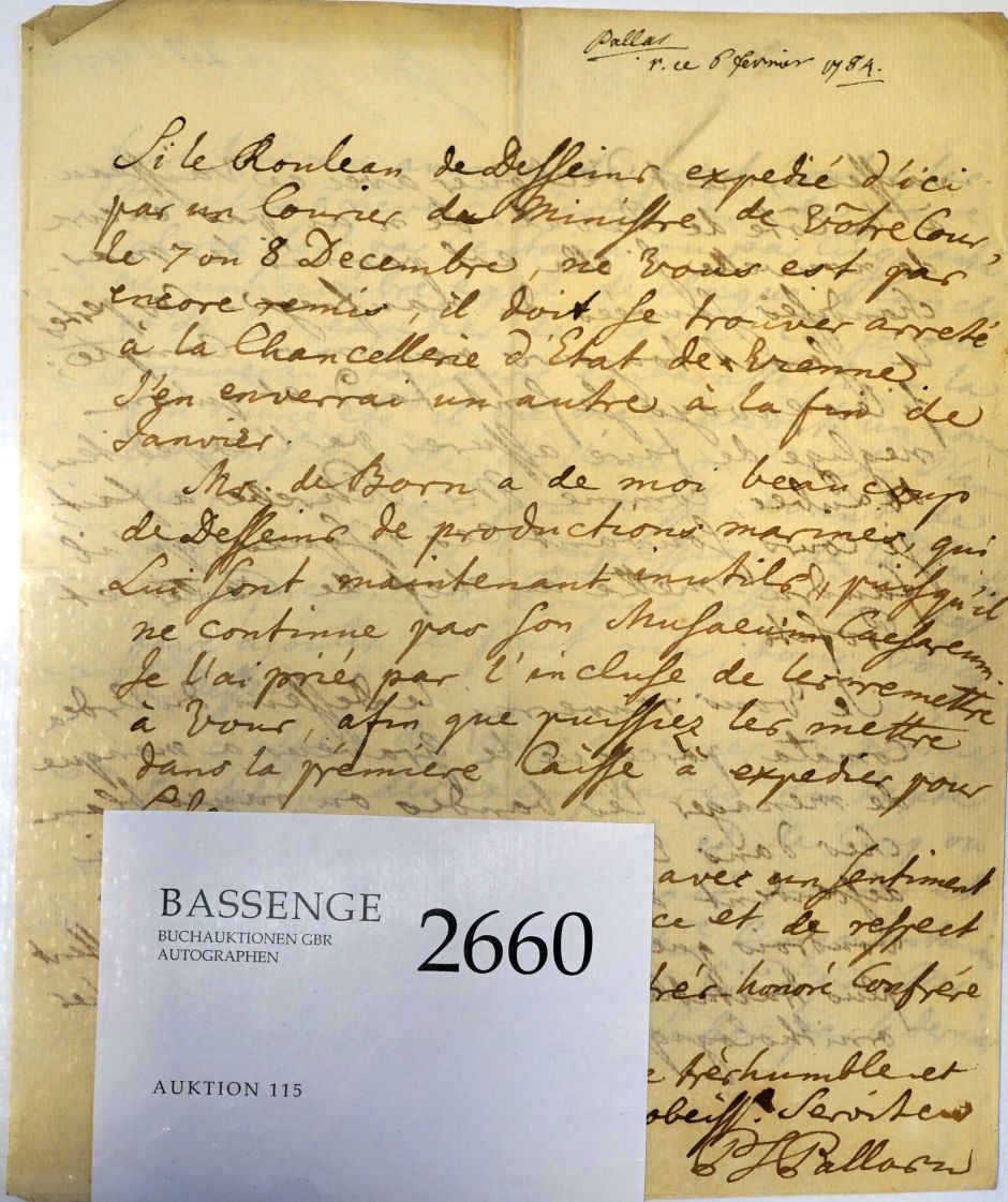 Lot 2660, Auction  115, Pallas, Peter Simon, Brief 1783 aus St. Petersburg