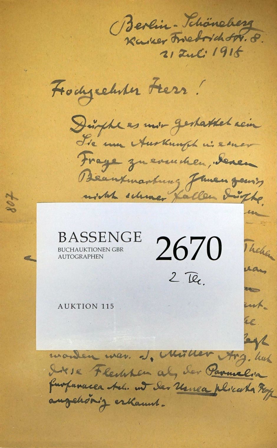 Lot 2670, Auction  115, Schweinfurth, Georg, Brief 1918