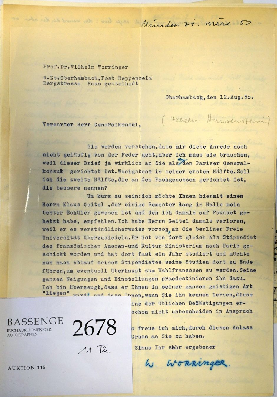 Lot 2678, Auction  115, Worringer, Wilhelm, 10 Briefe an Klaus Geitel