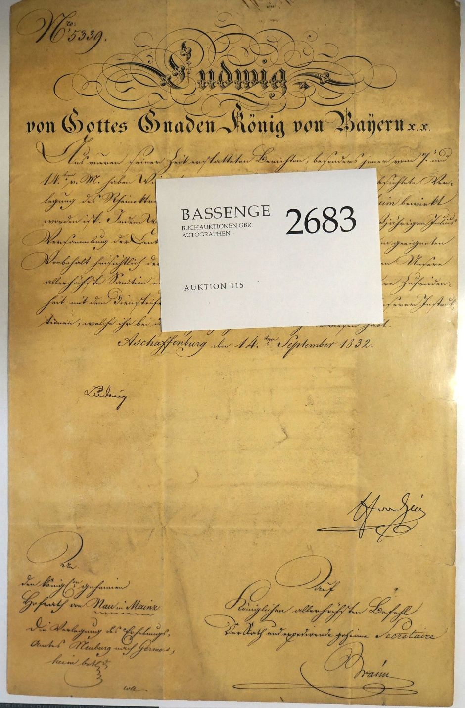 Lot 2683, Auction  115, Ludwig I., König von Bayern, Brief 1832 an Bernhard Sebastian von Nau