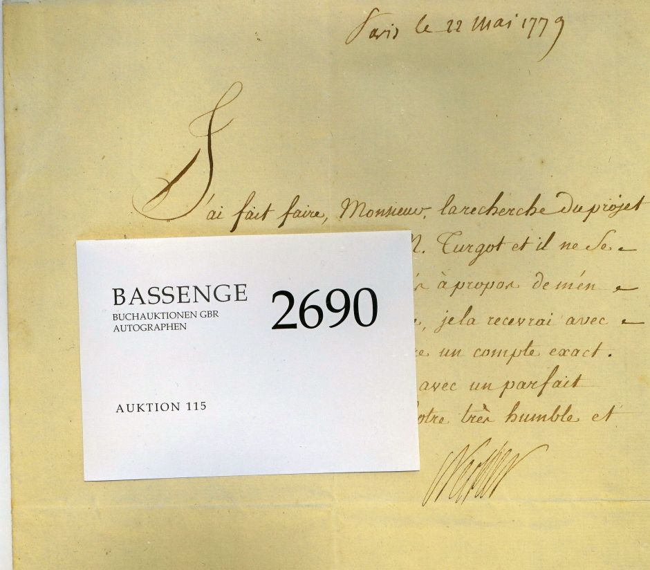 Lot 2690, Auction  115, Necker, Jacques, Brief 1779