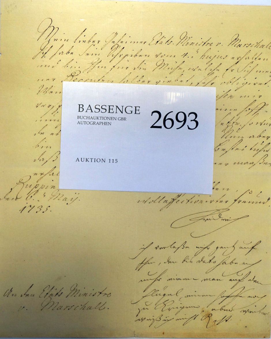 Lot 2693, Auction  115, Friedrich II., der Große, Brief als Kronprinz 1735