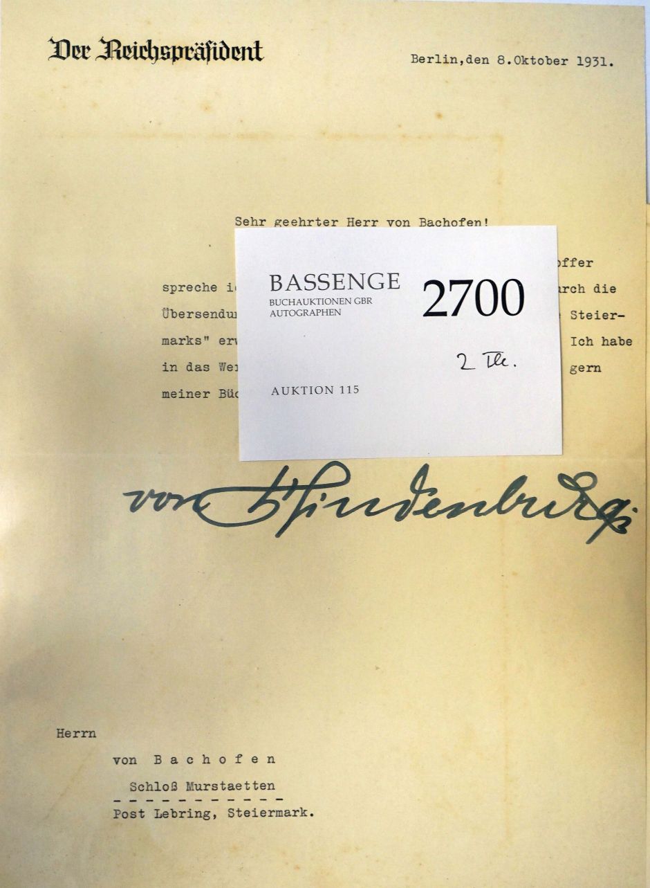 Lot 2700, Auction  115, Hindenburg, Paul von, Brief 1931