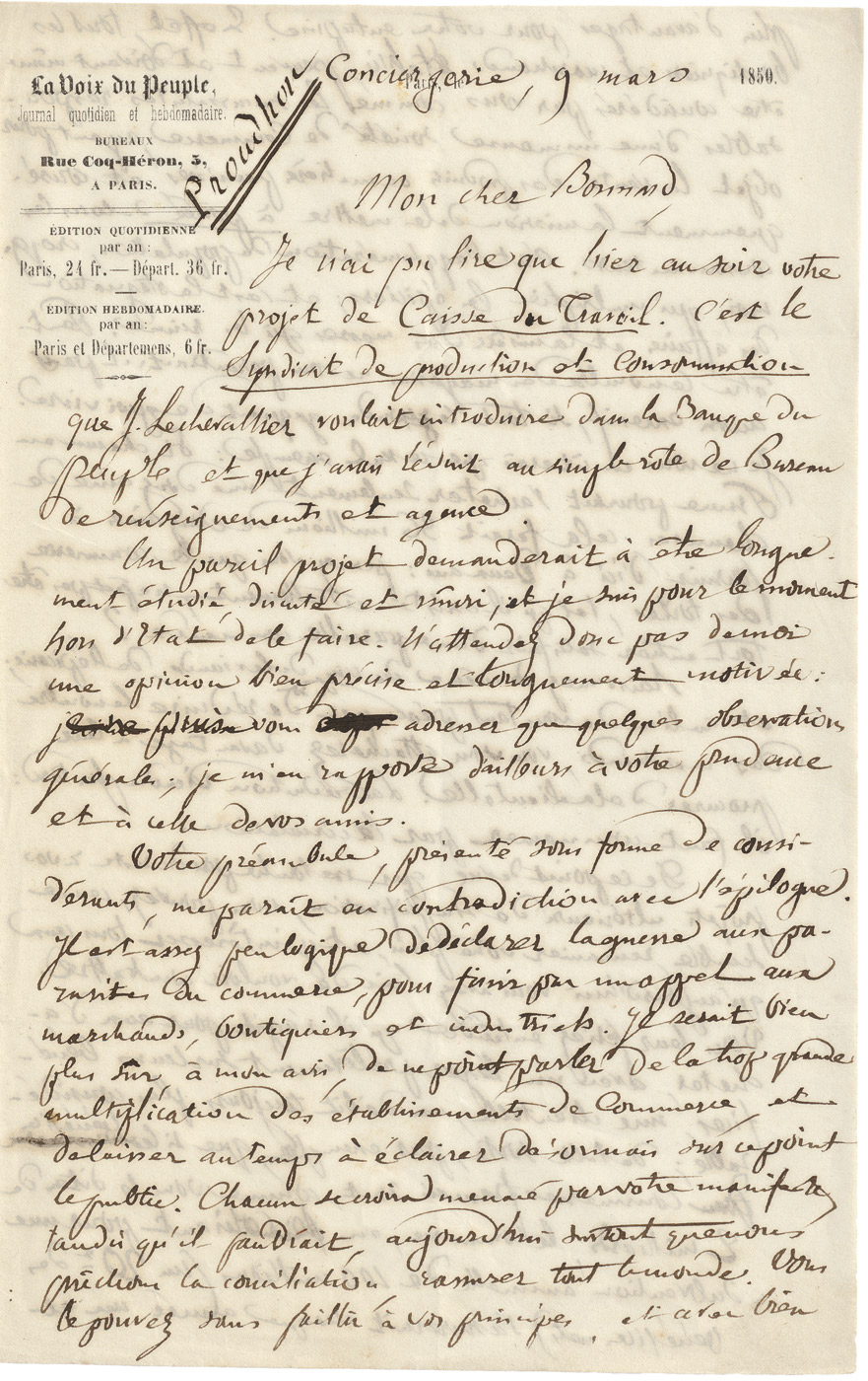 Lot 2704, Auction  115, Proudhon, Pierre-Joseph, Brief 1850 an Arthur de Bonnard
