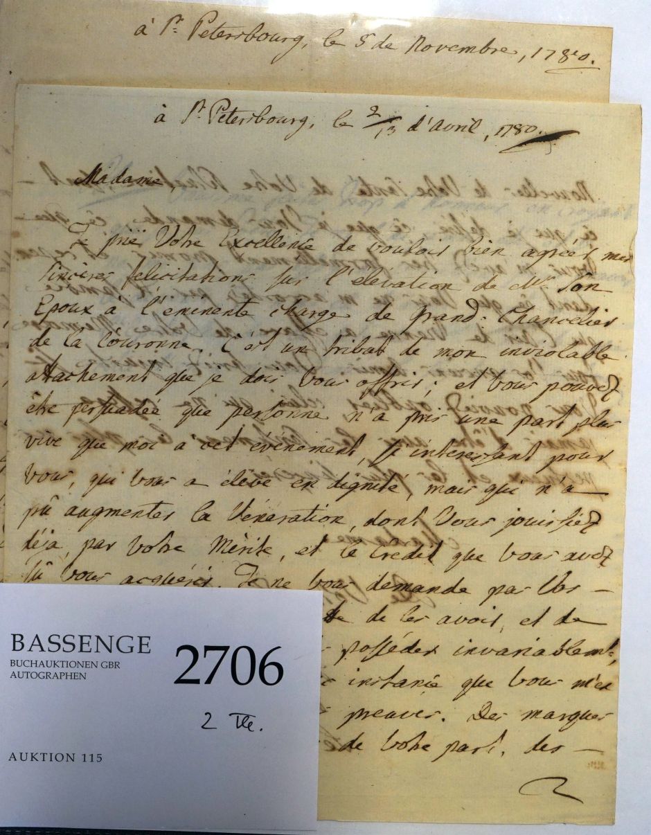 Lot 2706, Auction  115, Kurakin, Alexander, 2 Briefe 1780