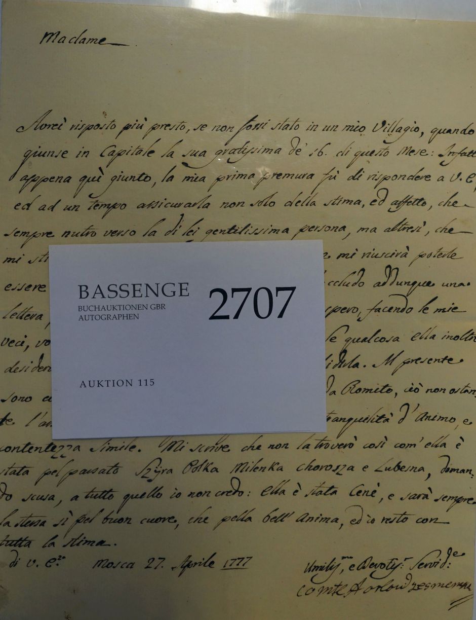 Lot 2707, Auction  115, Orlow, Alexei Gr. Graf, Brief 1777