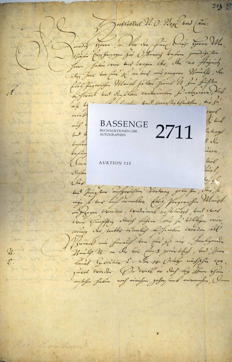 Lot 2711, Auction  115, Hoë von Hoënegg, Leonhard, Brief 1592