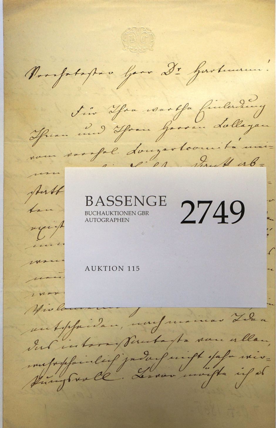 Lot 2749, Auction  115, Cossmann, Bernhard, Brief aus Weimar