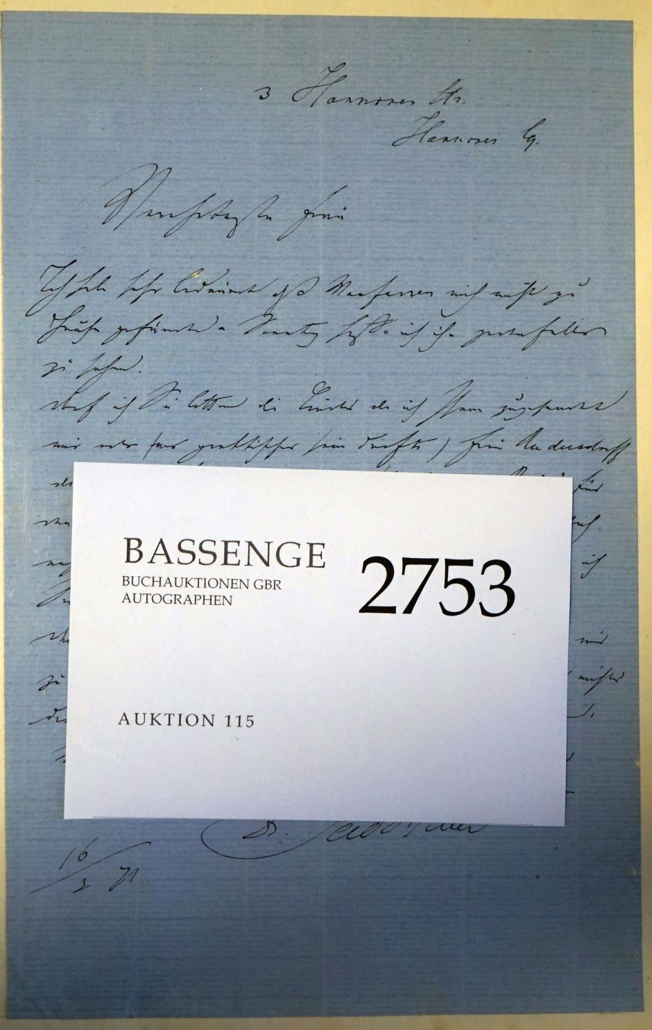 Lot 2753, Auction  115, Hiller, Ferdinand von, Brief 1871
