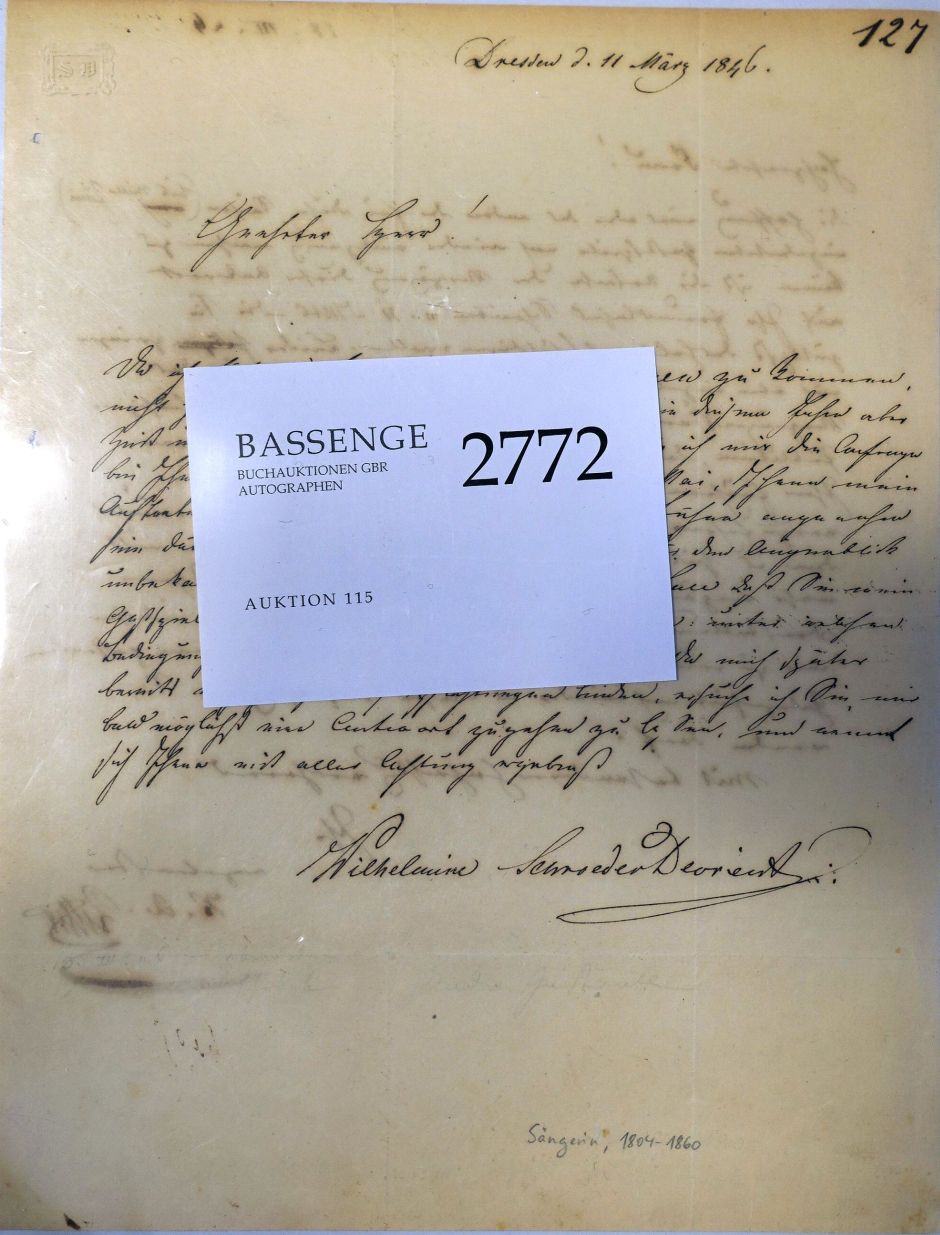 Lot 2772, Auction  115, Schroeder-Devrient, Wilhelmine, Brief 1846 nach Bremen