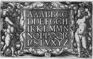 Lot 5007, Auction  115, Aldegrever, Heinrich, Ornamentales Paneel mit dem lateinischen Alphabet von zwei Putten gehalten